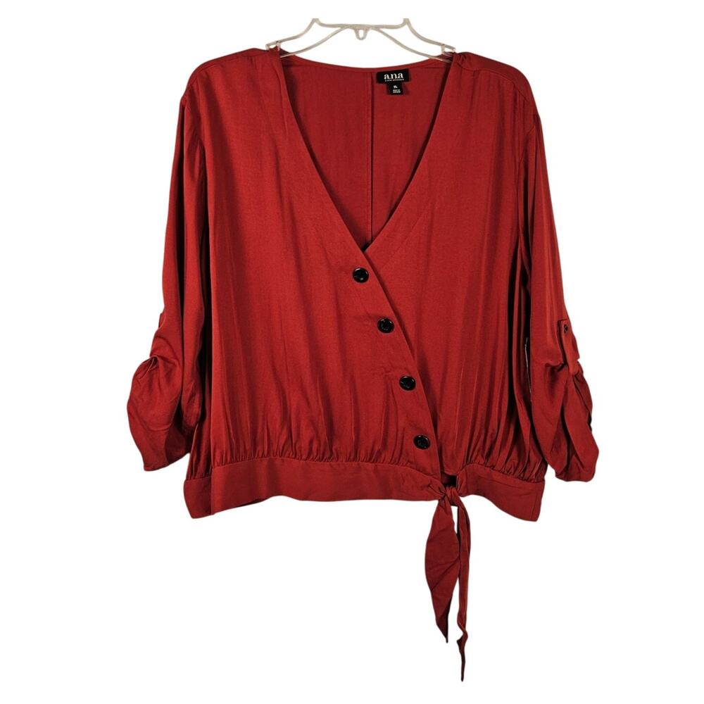 NWT A.N.A. Wormens XL Red Rover 3/4 Sleeve Pullover Faux Wrap V-neck Top Autumn